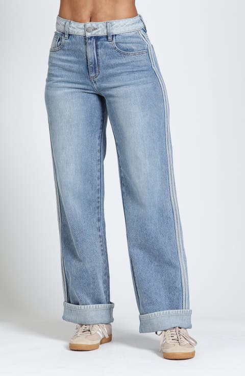 Track Stripe High Waist Straight Leg Jeans