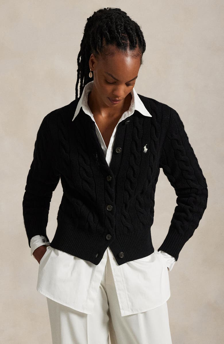 Polo Ralph Lauren Cable Knit Wool & Cashmere Cardigan, Alternate, color, Polo Black