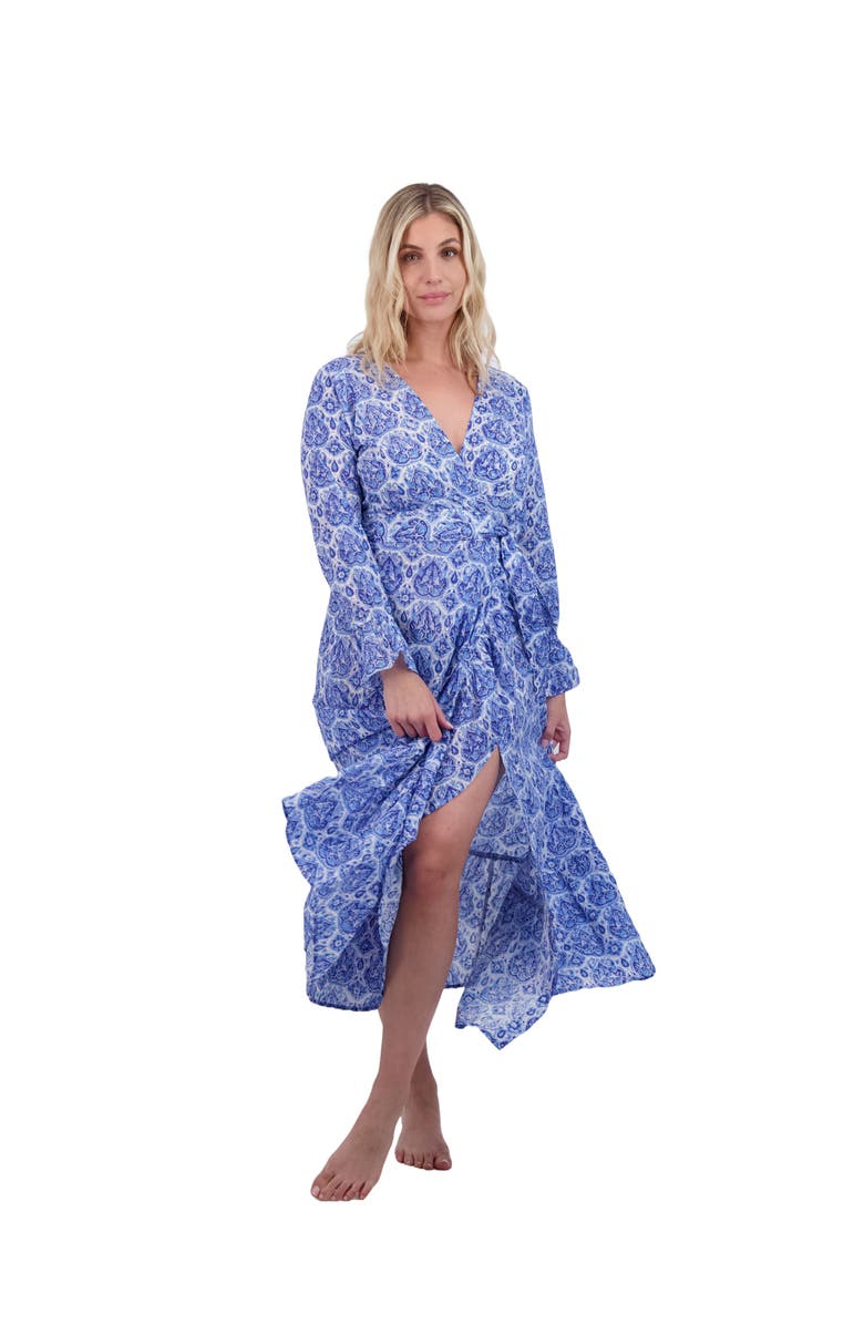 Mer St. Barth Genevieve Women's Ruffle Wrap Dress Blue Paisley, Main, color, Blue
