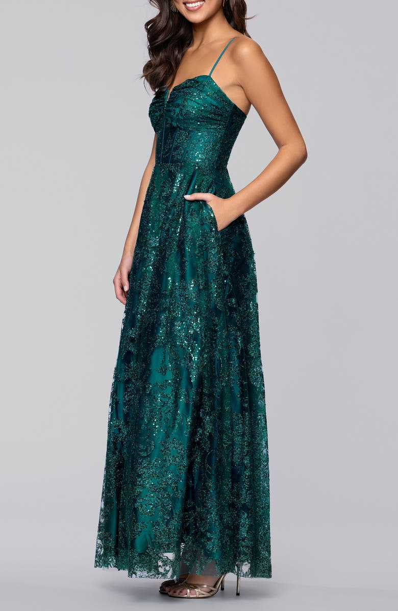 Blondie Nites Glitter Sequin Corset Gown, Alternate, color, Teal
