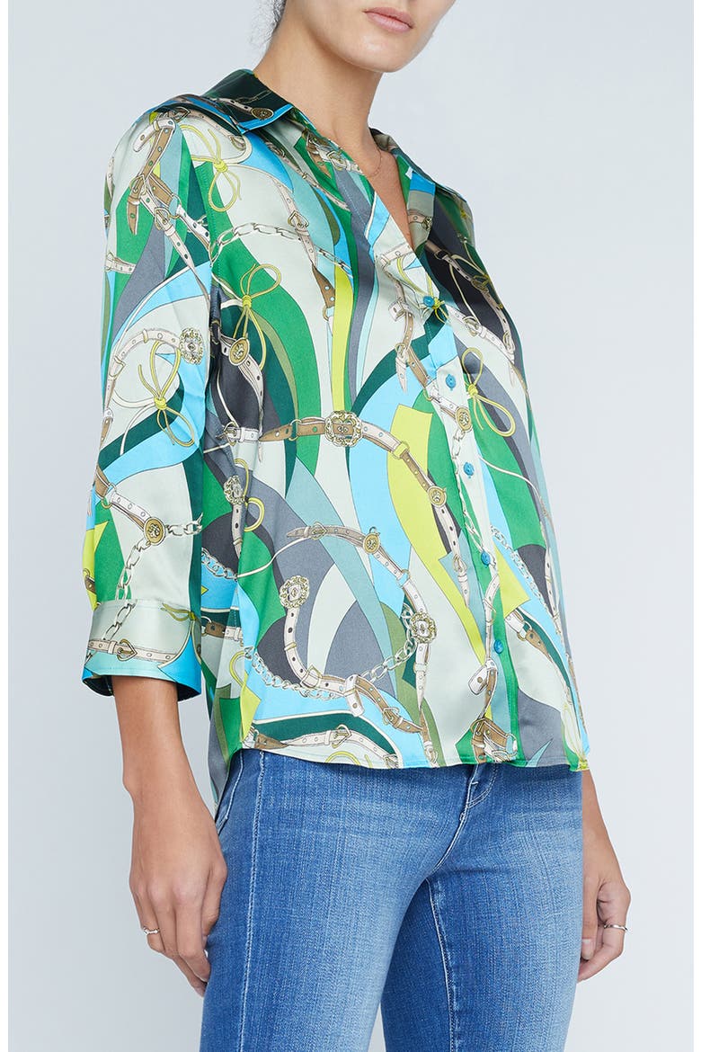 Dani Mixed Print Silk Button-Up Shirt, Alternate, color, SEA GREEN MULTI BELT SWIRL
