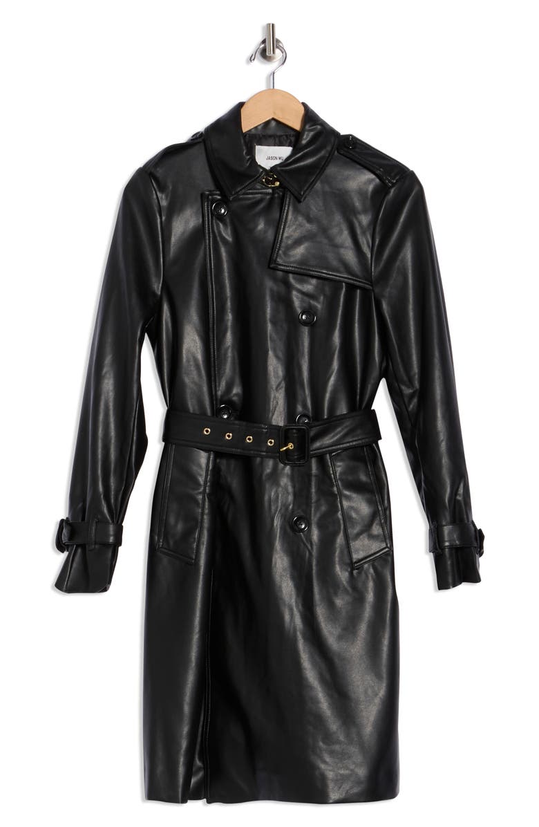 JASON WU Double Breasted Faux Leather Trench Coat, Alternate, color, Black