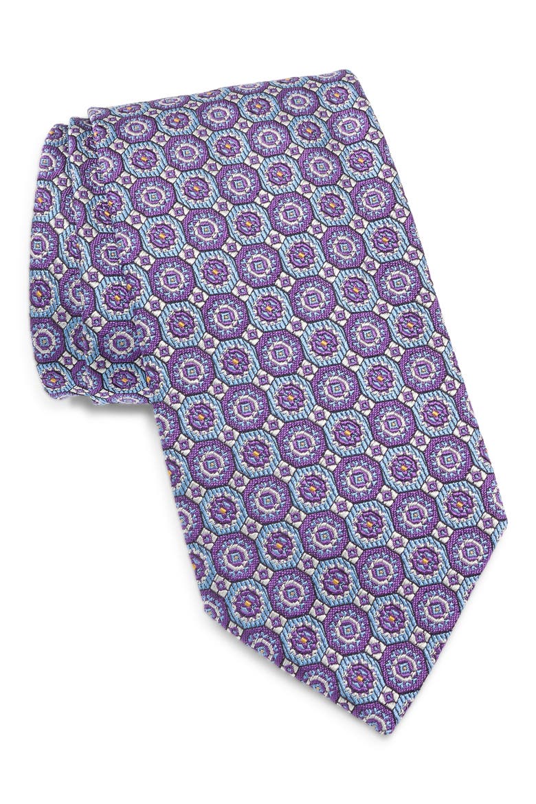 Neat Medallion Jacquard Silk & Cotton Tie, Main, color, PURPLE