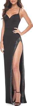 La Femme Prom Dress with High Slit Embellished with Rhinestones
