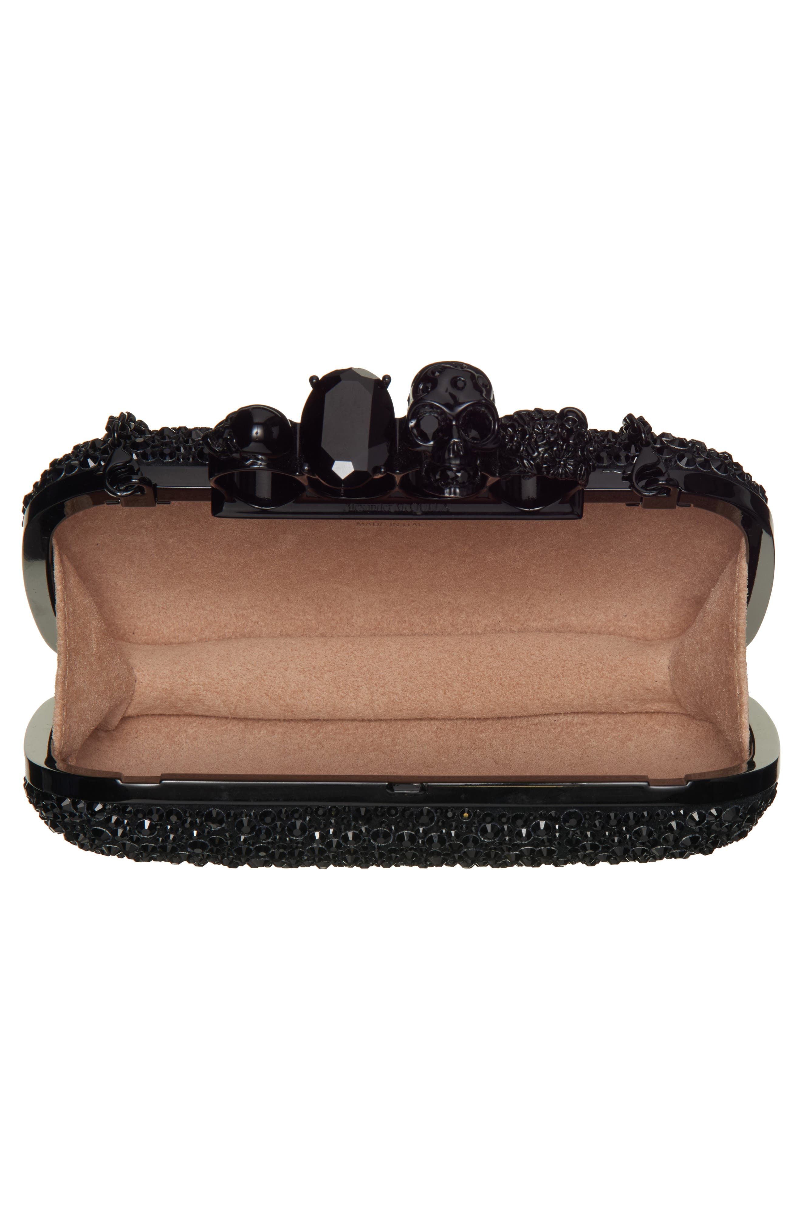 McQueen Skull Crystal Embellished Four-Ring Box Clutch, Alternate, color, Black/Black