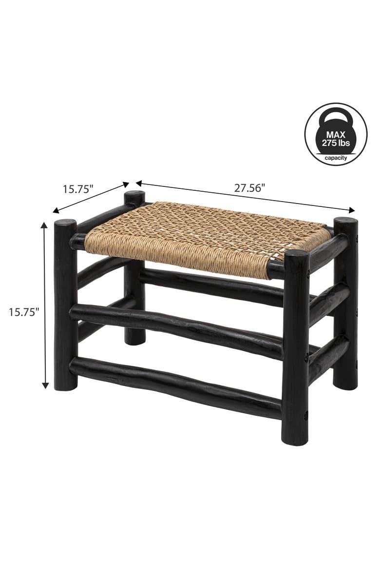 Chuck Bohemian Handcrafted Woven Synthetic Rattan Seat and Wood Indoor/Outdoor Backless Accent Stool, Alternate, color, Black