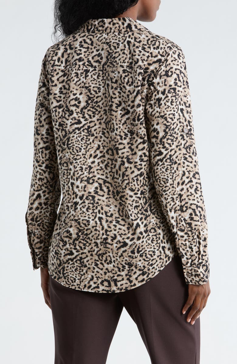 DKNY Abstract Print Roll Sleeve Button-Up Shirt, Alternate, color, Black/ Taupe Multi