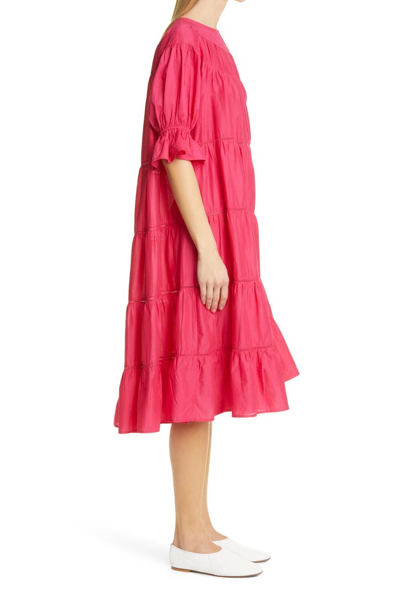 Paradis Tiered Puff Sleeve Cotton Dress, Alternate, color, SHOCKING PINK