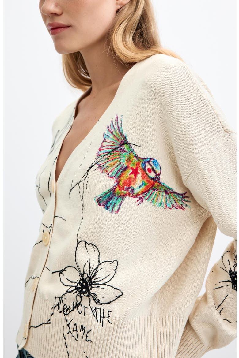 Bird Graphic Cotton Blend Cardigan, Alternate, color, OFF WHITE