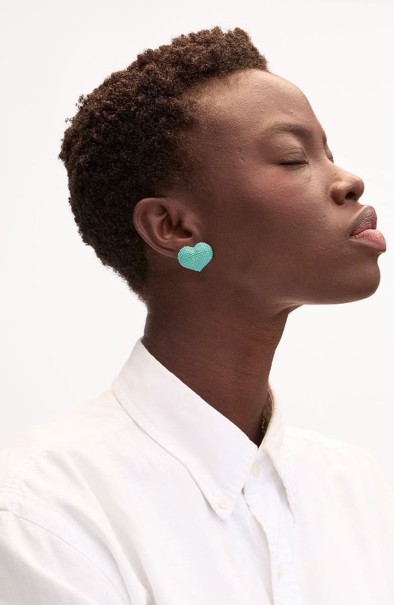 Clare V. Beaded Heart Stud Earrings, Alternate, color, Turquoise