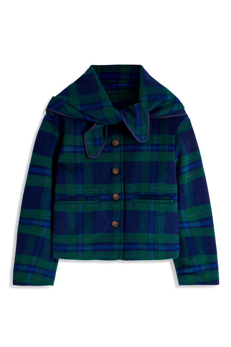 Scarf Neck Wool Blend Jacket, Alternate, color, NAVY GREEN/ BLUE CHECK
