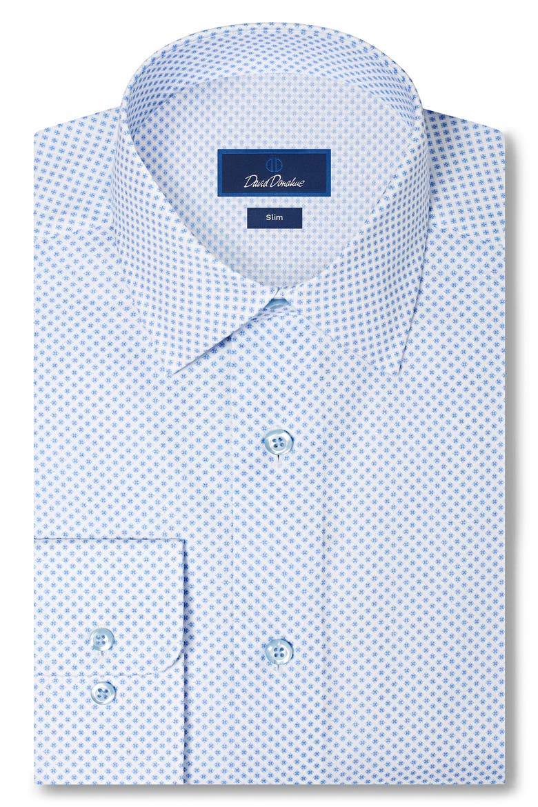 Slim Fit Neat Print Stretch Cotton Twill Dress Shirt, Main, color, WHITE/ SKY