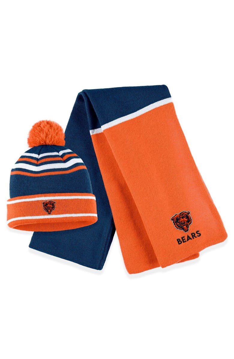 WEAR by Erin Andrews Women's WEAR by Erin Andrews Orange Chicago Bears Colorblock Cuffed Knit Hat with Pom and Scarf Set, Main, color, 