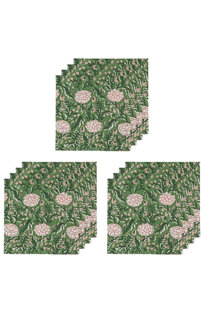 Danica Brands Peony Block Print Napkin - Set of 12, Main, color, Green