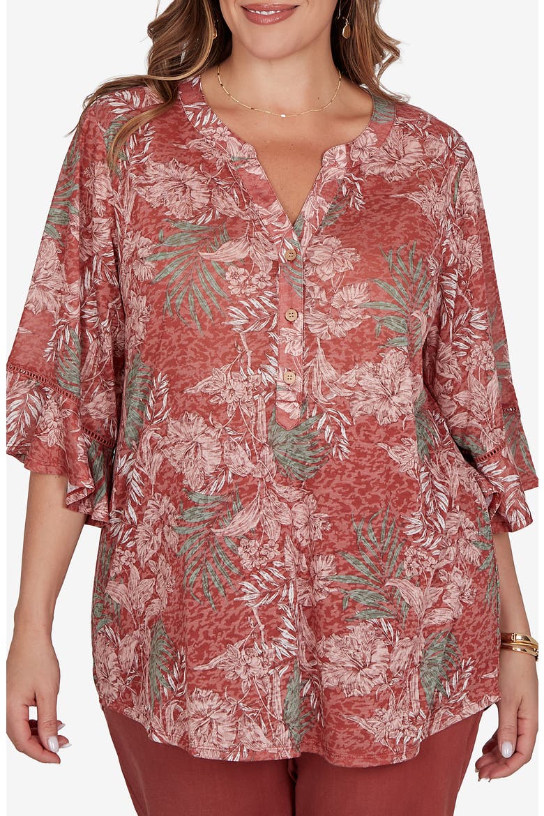 Burnout Three-Quarter Sleeve Top, Main, color, TERRACOTTA MULTI