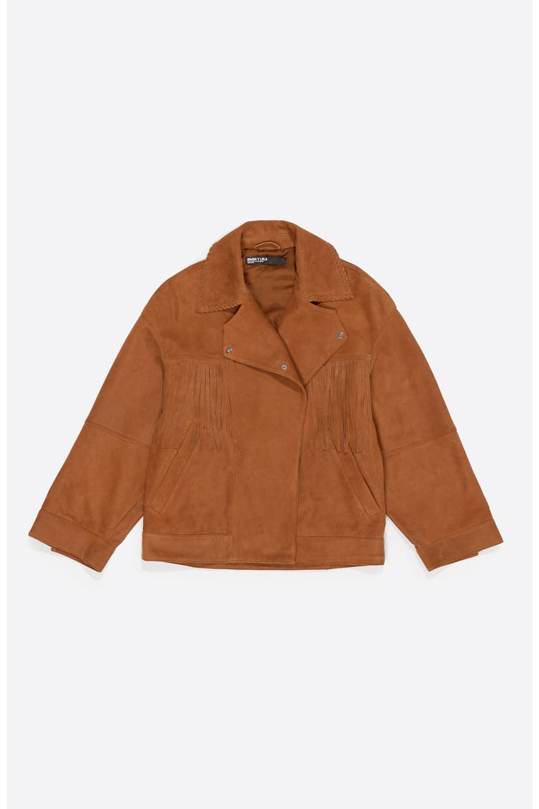 Leather Double-Breasted Fringed Leather Jacket, Alternate, color, TOBACCO