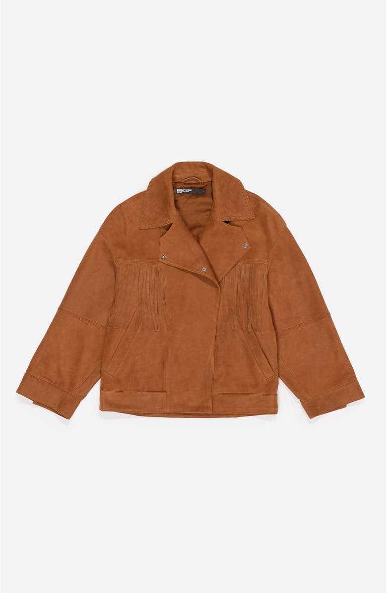 Bimba y Lola Leather Double-Breasted Fringed Leather Jacket, Alternate, color, Tobacco