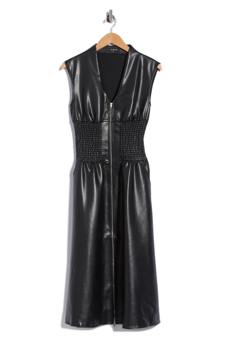 Faux Leather Sleeveless Front Zip Midi Dress, Alternate, color, BLACK