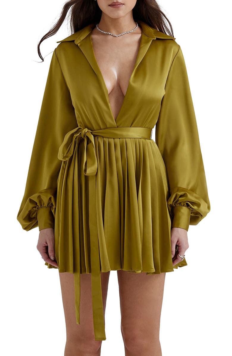 HOUSE OF CB Allegra Long Sleeve Faux Wrap Cocktail Minidress, Alternate, color, Chartreuse