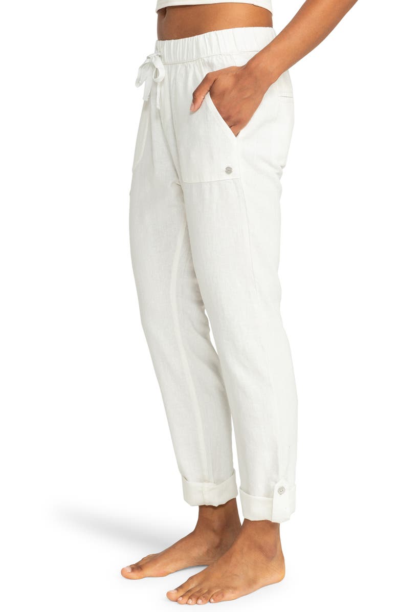 Roxy On the Seashore Tie Waist Linen Blend Pants, Alternate, color, Snow White Solid