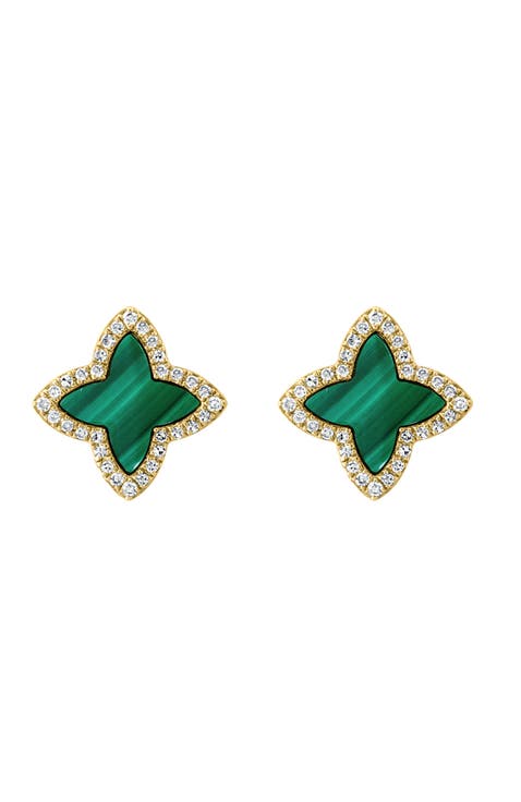 14K Yellow Gold Emerald Blossom Malachite Earrings