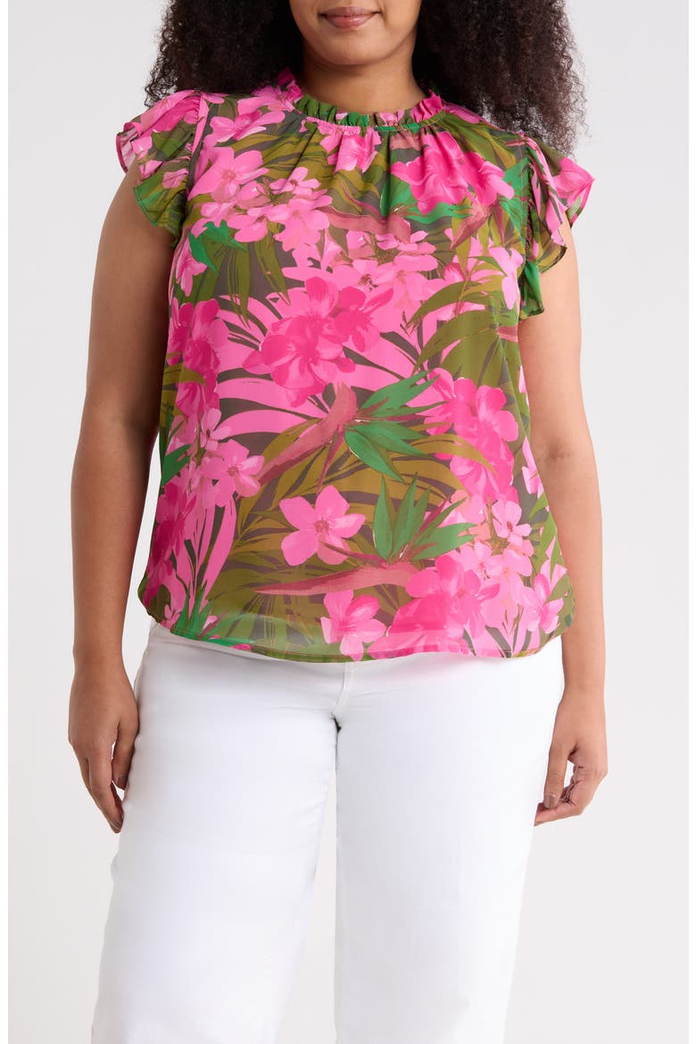 Dandi Floral Veda Cap Sleeve Top, Main, color, GREEN-PINK-CORAL