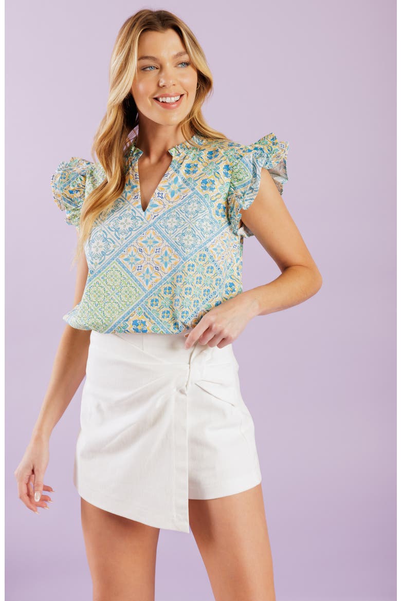 Flutter Sleeve Woven Top, Alternate, color, IVORY BLUE