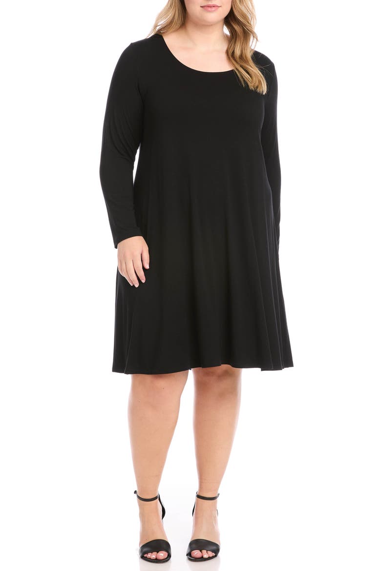 Maggie Long Sleeve Jersey Trapeze Dress, Main, color, BLACK