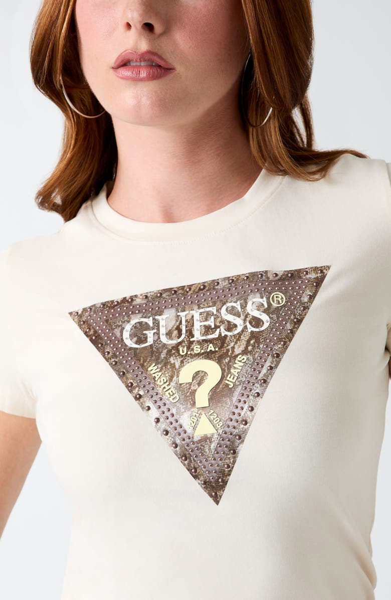 GUESS Snakeskin Print Stud Triangle T-Shirt, Alternate, color, Cream White