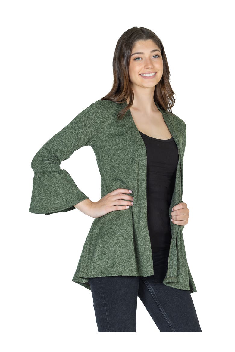 Womens Knit Three Quarter Bell Sleeve Open Cardigan, Alternate, color, Olive