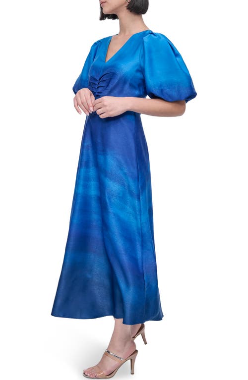 Dkny Ruched Printed Satin Midi Dress In Cornflower Ombre Border