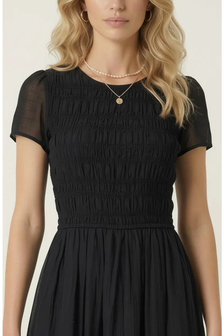 Sheer Overlay Midi Dress with Smocked Bodice, Alternate, color, Black
