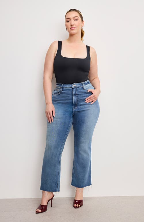 Good American Soft-tech Good Flare Raw Hem High Waist Ankle Flare Jeans In Blue