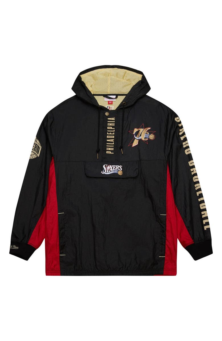 Mitchell & Ness Men's Mitchell & Ness Black Philadelphia 76ers Big & Tall Hardwood Classics Team OG 2.0 Anorak Hoodie Quarter-Zip Windbreaker Jacket, Alternate, color, Black