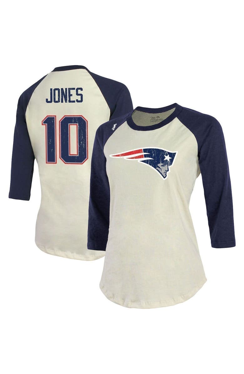 Majestic Threads Women's Majestic Threads Mac Jones Cream/Navy New England Patriots Player Name & Number Raglan 3/4-Sleeve T-Shirt, Alternate, color,