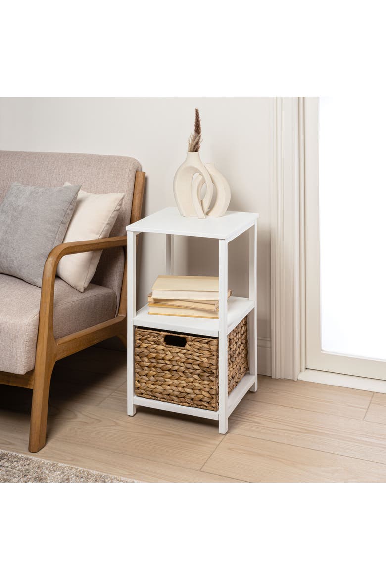 Cohen Coastal Bohemian Handcrafted Acacia Wood 2-Tier Storage Cabinet with 1 Water Hyacinth Woven Basket, Alternate, color, White