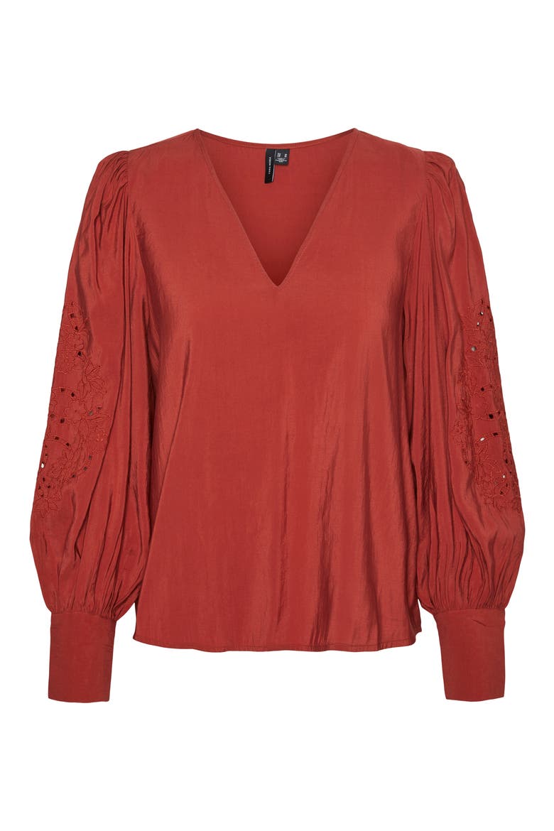 Curve Eyelet Sleeve Top, Alternate, color, RED OCHRE