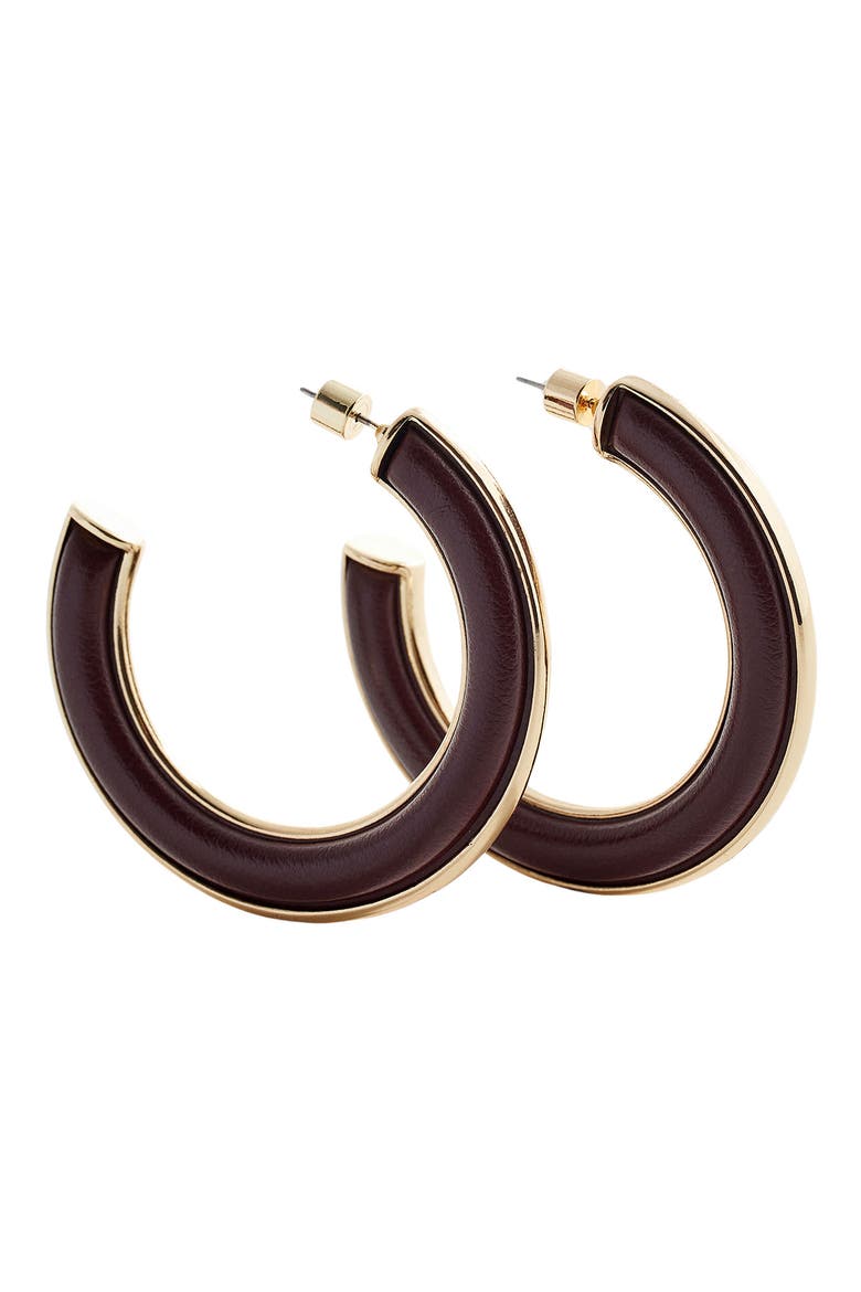 Faux Leather Hoop Earrings, Alternate, color, GOLD/BROWN