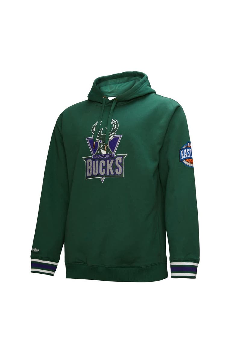 Men's Mitchell & Ness Hunter Green Milwaukee Bucks Hardwood Classics Chainstitch Vintage Heavyweight Pullover Hoodie, Alternate, color, Hunter Green