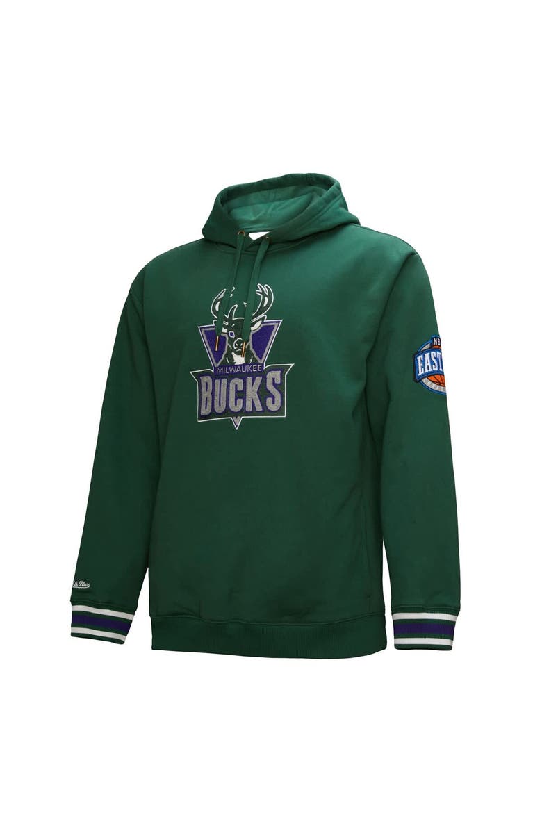 Mitchell & Ness Men's Mitchell & Ness Hunter Green Milwaukee Bucks Hardwood Classics Chainstitch Vintage Heavyweight Pullover Hoodie, Alternate, color, Hunter Green