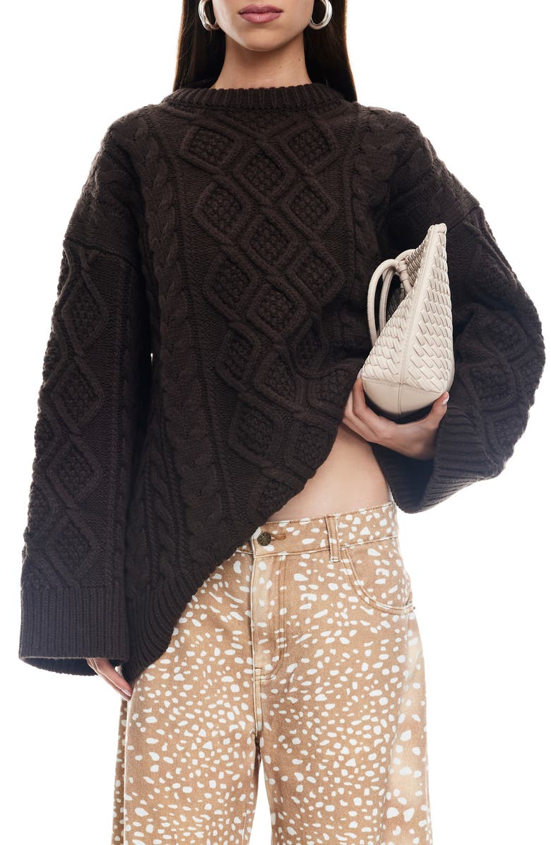 LIONESS Gigi Oversize Cable Stitch Sweater, Main, color, Chocolate