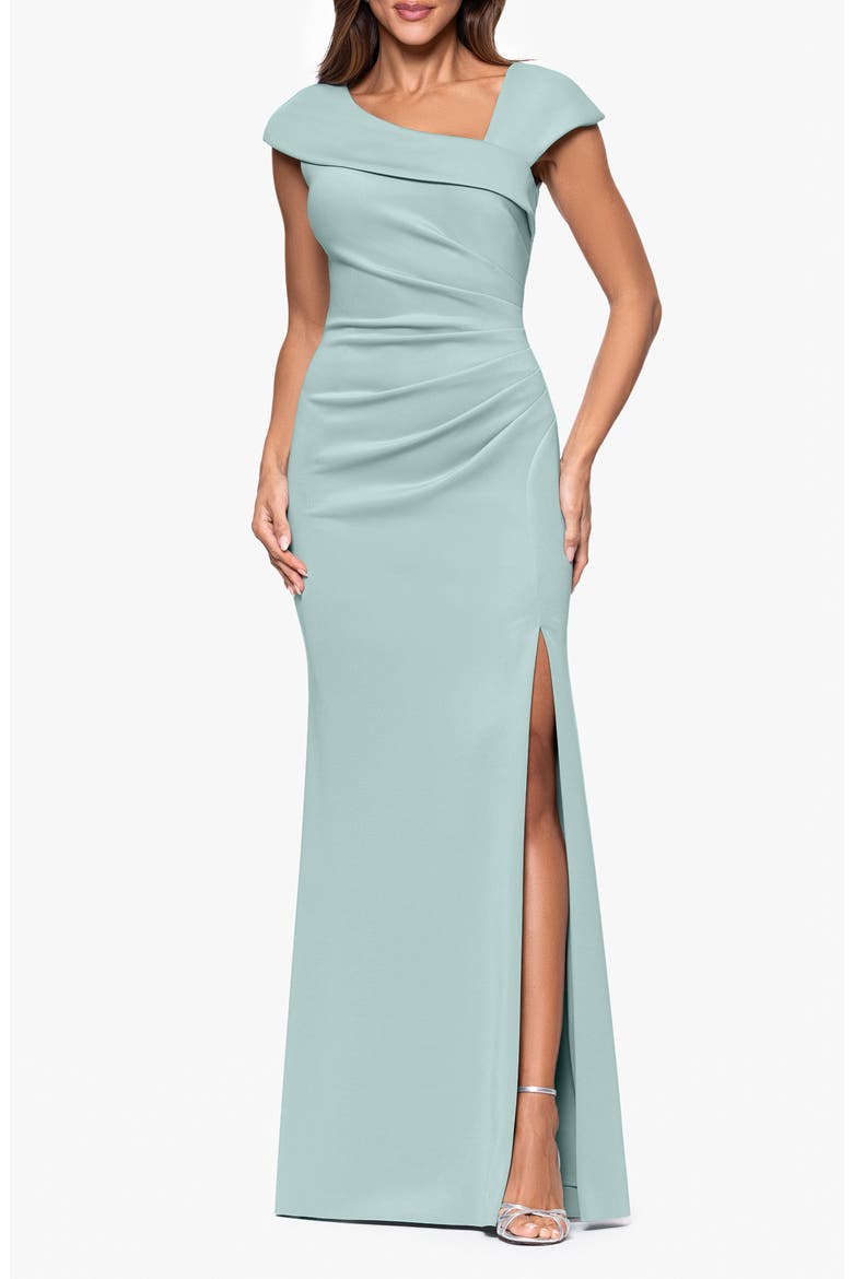 Asymmetric Neck Scuba Knit Trumpet Gown, Main, color, SAGE
