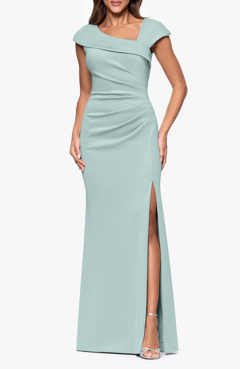 Asymmetric Neck Scuba Knit Trumpet Gown (Regular & Petite)