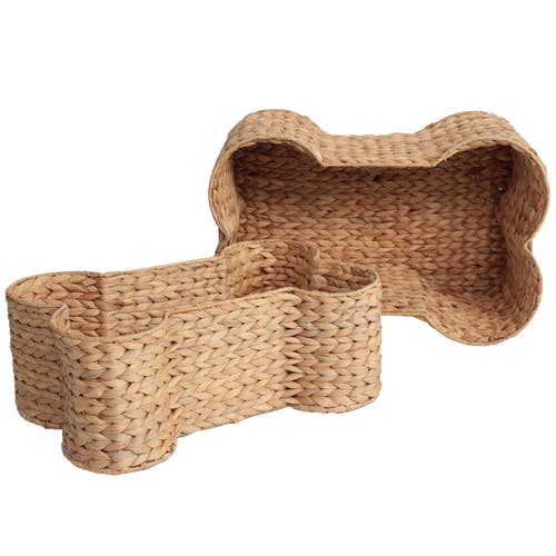 The Licker Store Digby Bone-shaped Large Hand Woven Water Hyacinth Nesting Pet Toy Organizer Baskets In Brown