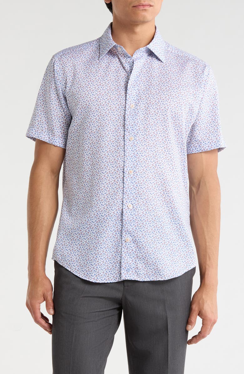David Donahue Casual Short Sleeve Button-Up Shirt, Main, color, White/ Melon