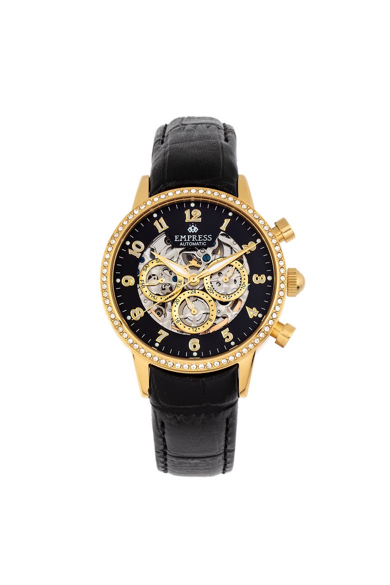 Beatrice Automatic Skeleton Dial Leather-Band Watch with Day & Date, Main, color, Metallic Gold