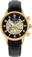 Empress Beatrice Automatic Skeleton Dial Leather-Band Watch with Day & Date