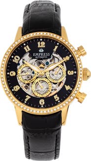 Empress Beatrice Automatic Skeleton Dial Leather-Band Watch with Day & Date