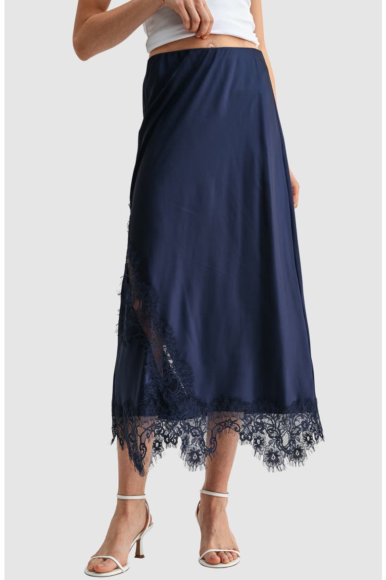Lace Trim Satin Midi Skirt, Main, color, NAVY