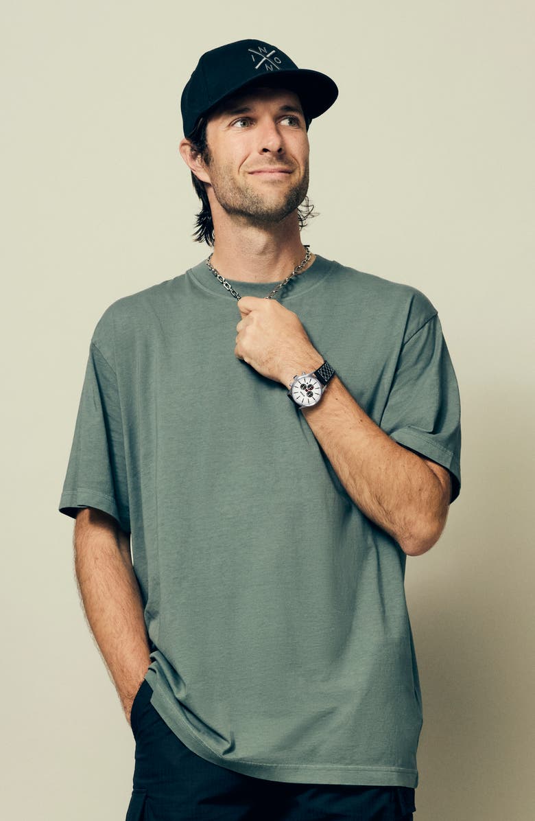 Nixon Sentry Chronograph Leather Strap Watch, 42mm, Alternate, color, Chrome / Cloud Sunray / Black